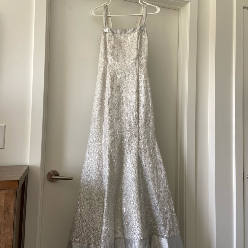 Jessica McClintock Lace-Up Silver Brocade Gown